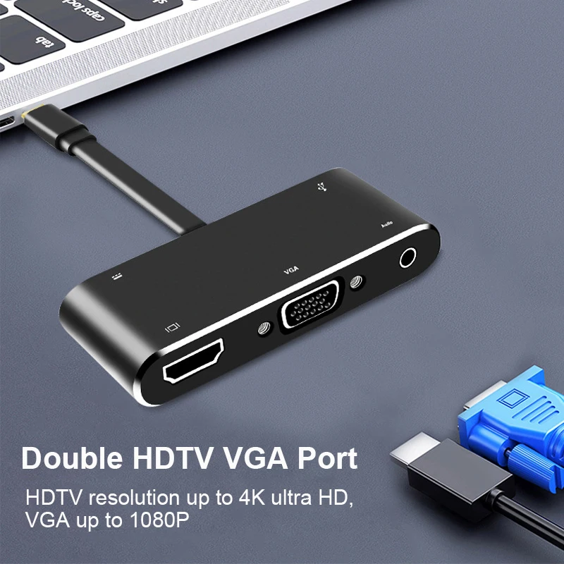 Оптовая Продажа 5 в 1 адаптер Type-C для 4K HDTV VGA USB3.0 PD 3 мм AV конвертер USB C концентратор