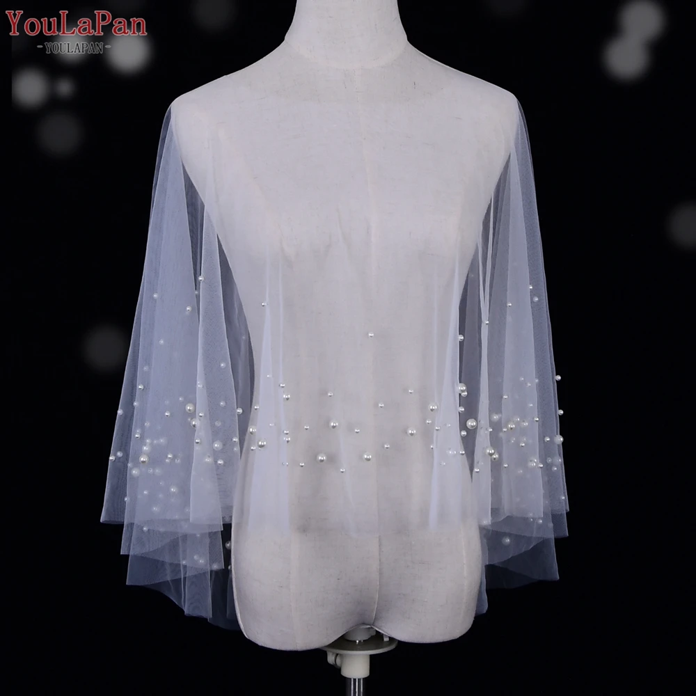 YouLaPan VG27A Front Short Back Long Women Summer Pullover Cover Up Pearl Trim Tulle Bridal Bolero Wedding Evening Dress Shawl C