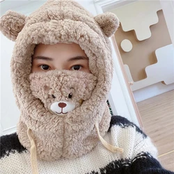 Japanese Cute Cartoon Bear Ear Cap Hat Lamb Plush Cap Warm Thickened Ear Protection with Warm Mask for Women Girl