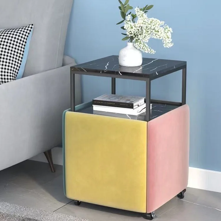 Home Living Room Office Sofa Side Table Set Multi 5 in 1 Marble/MDF Table Top Leather Fabric Tea Coffee End Table with Stool