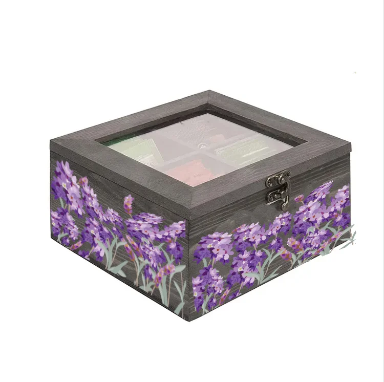 grey wooden box with lavender printing for organization tea gift boxes wood tea bag holder
