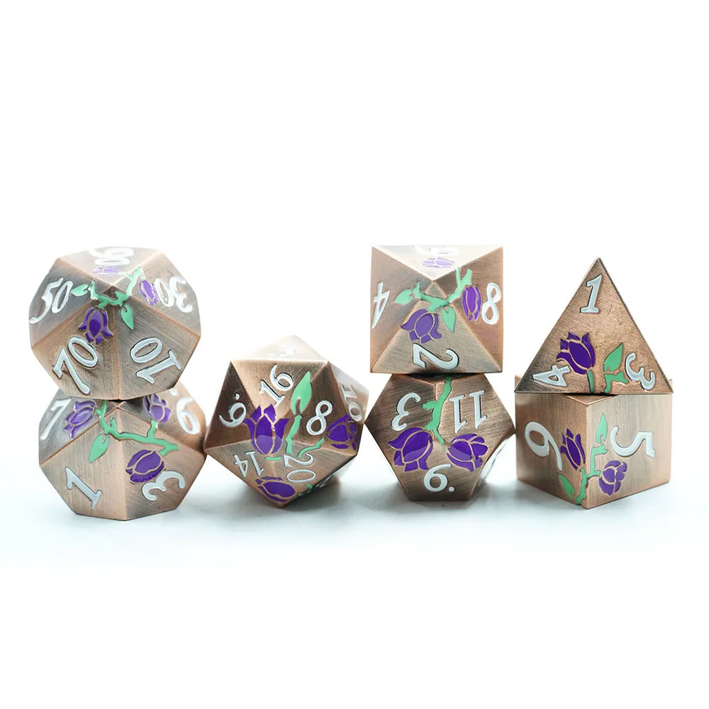 Best Selling copper Multiple Colors Durable Antique Dnd Metal flower Dice Set For Dnd Games