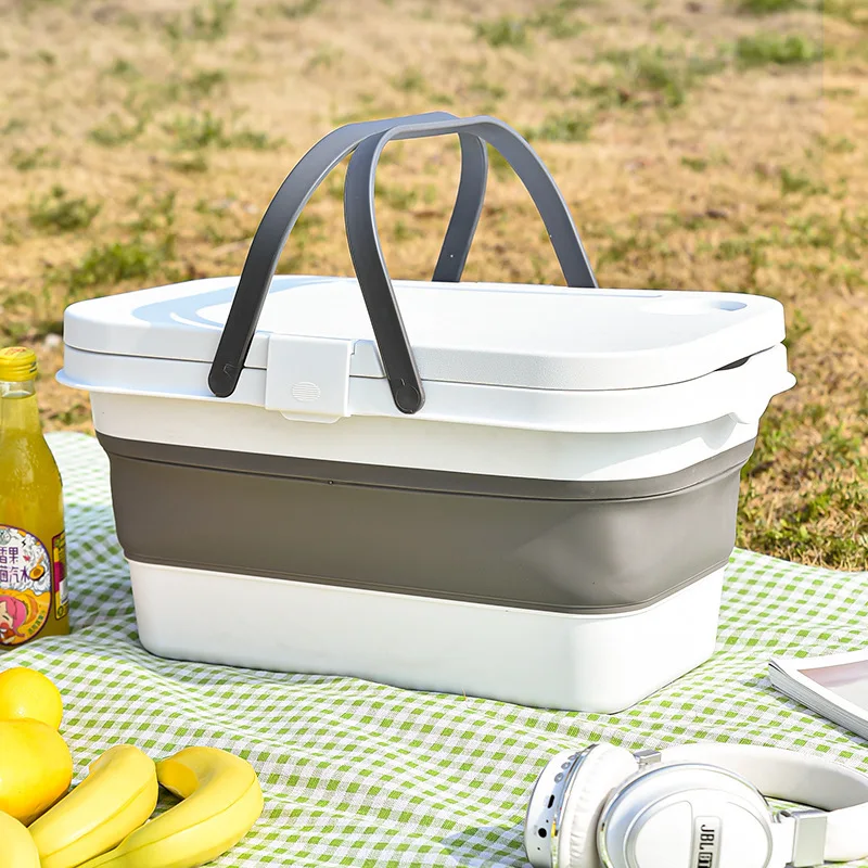 2023 New Outdoor Picnic Basket With Cover Food Drink Fruit Storage Container Portable Folding Picnic Basket