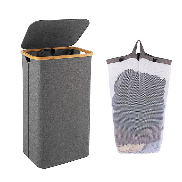 Custom Bamboo Foldable Laundry Bag Hamper Storage Organizer Basket With Lid
