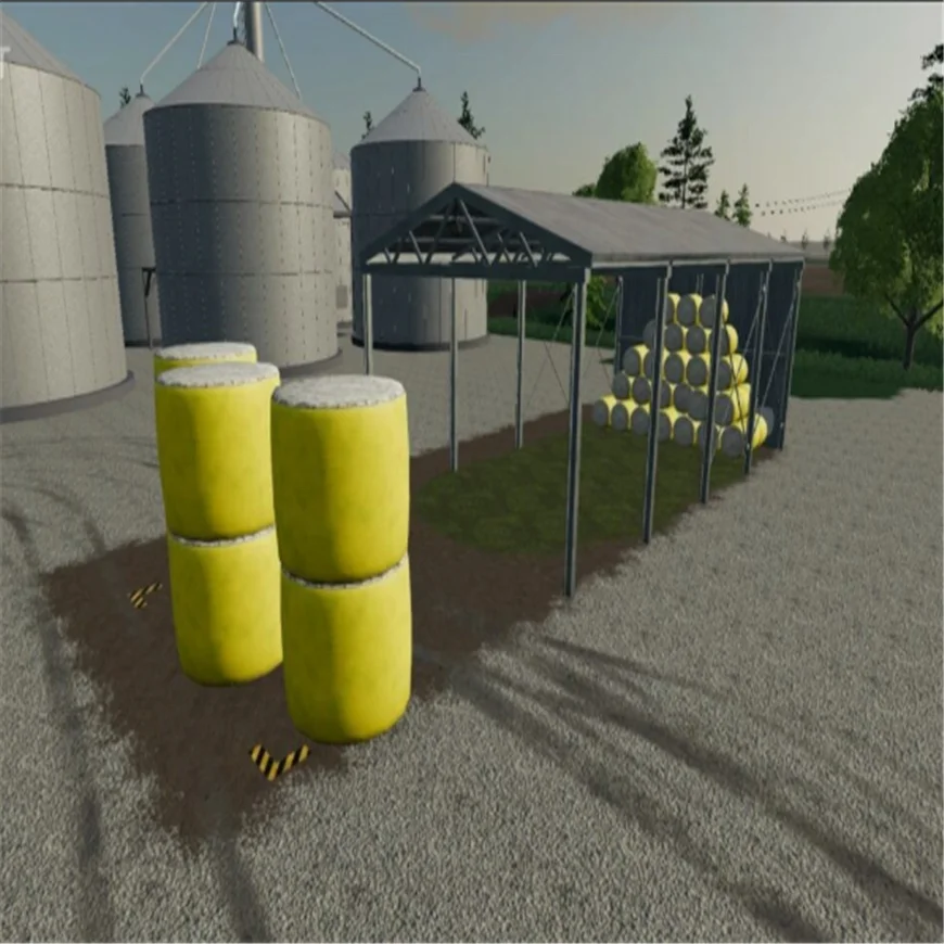 Yellow harvested cotton bales wrapped films