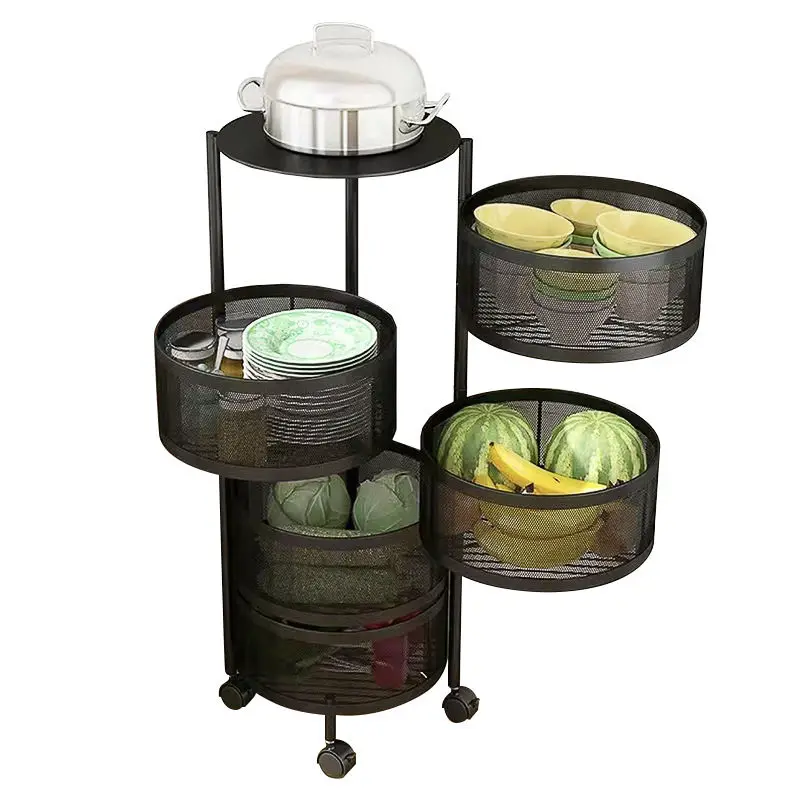Kitchen Floor Multi-Layer Household 360 Degree Rotating Baskets Cylindrical Fruit Storage Rack Drawers And Vegetable Shelf