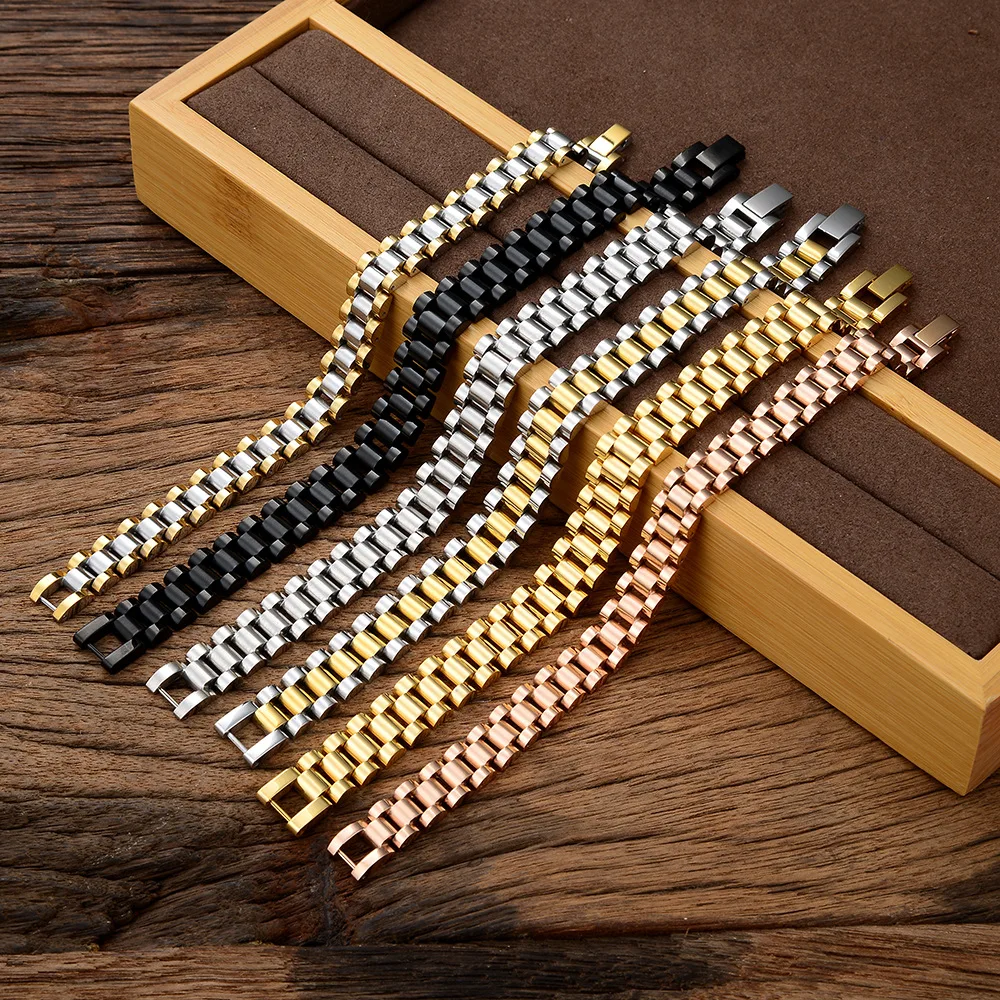 10mm Men Bracelet 18k Gold Plated Stainless Steel Strap Fine Jewelry Bracelets & Bangles