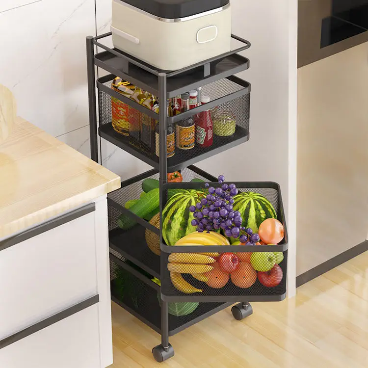 Kitchen Storage Rotatable Shelf 2 3 4 5 Layer Rotating Practical Trolley Kitchen Square Shelf With Wheel Storage Rack