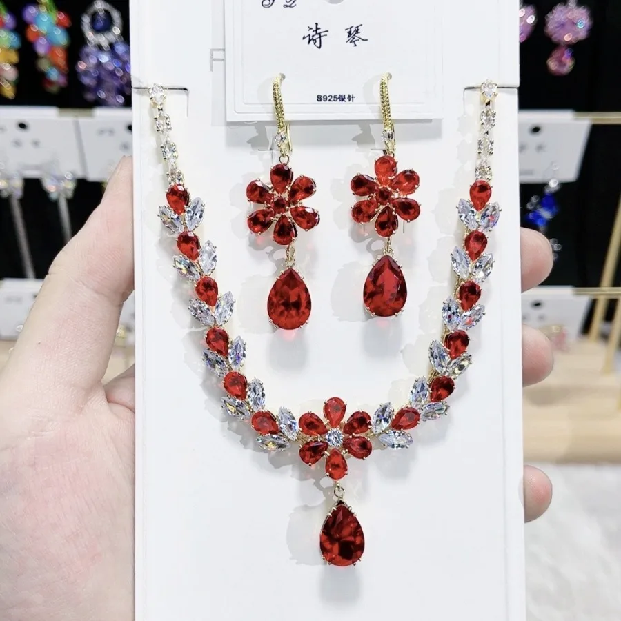 Bulk Order Stones Red Color Crystal Necklace Earring Sets For Wedding Dress Love Jewelry Set