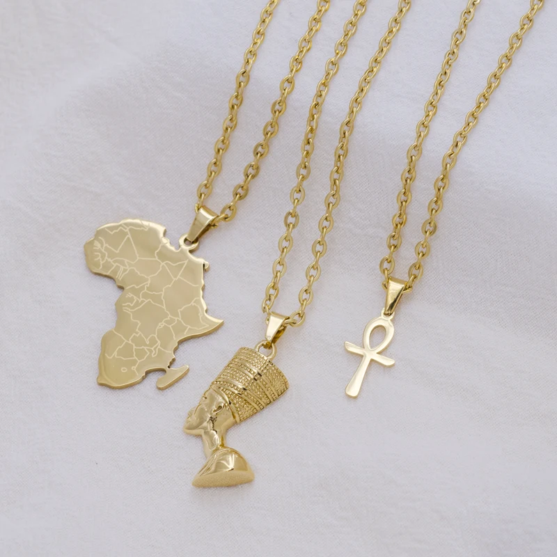 Hot Selling Waterproof Non Tarnish Jewelry Stainless Steel 18k Gold Plated Egyptian Queen Nefertiti Ankh Africa Map Necklace Set