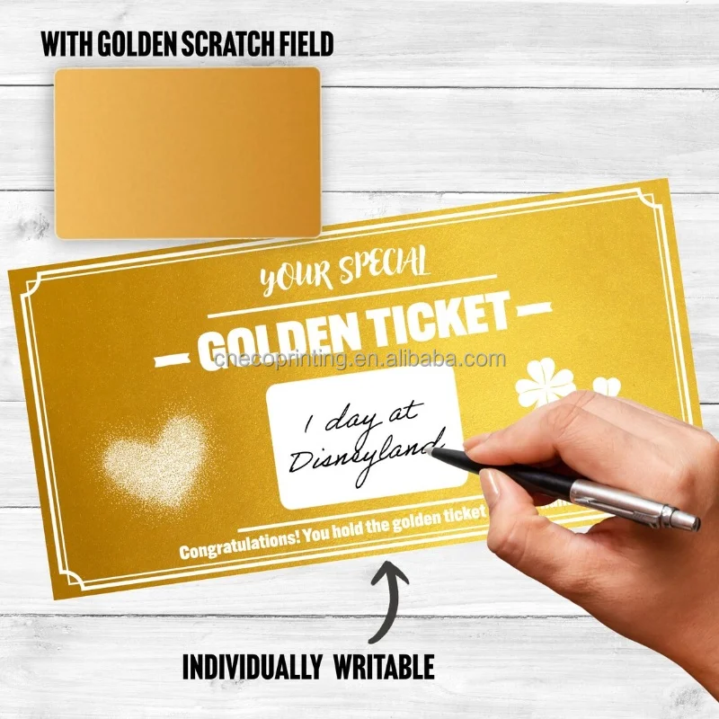 Custom Printing Gift Voucher Label Your Golden Ticket Scratch Sticker Card with Envelope