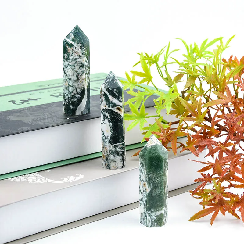 
Wholesale Natural Crystal Wands Moss Agate Point Healing Quartz Tower For Decoration 