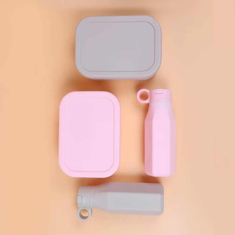 School Portable 800ml 3 Compartment Leakproof Silicone Lunch Box Water Bottle Set Bpa Free Silicone Bento Box For Kids