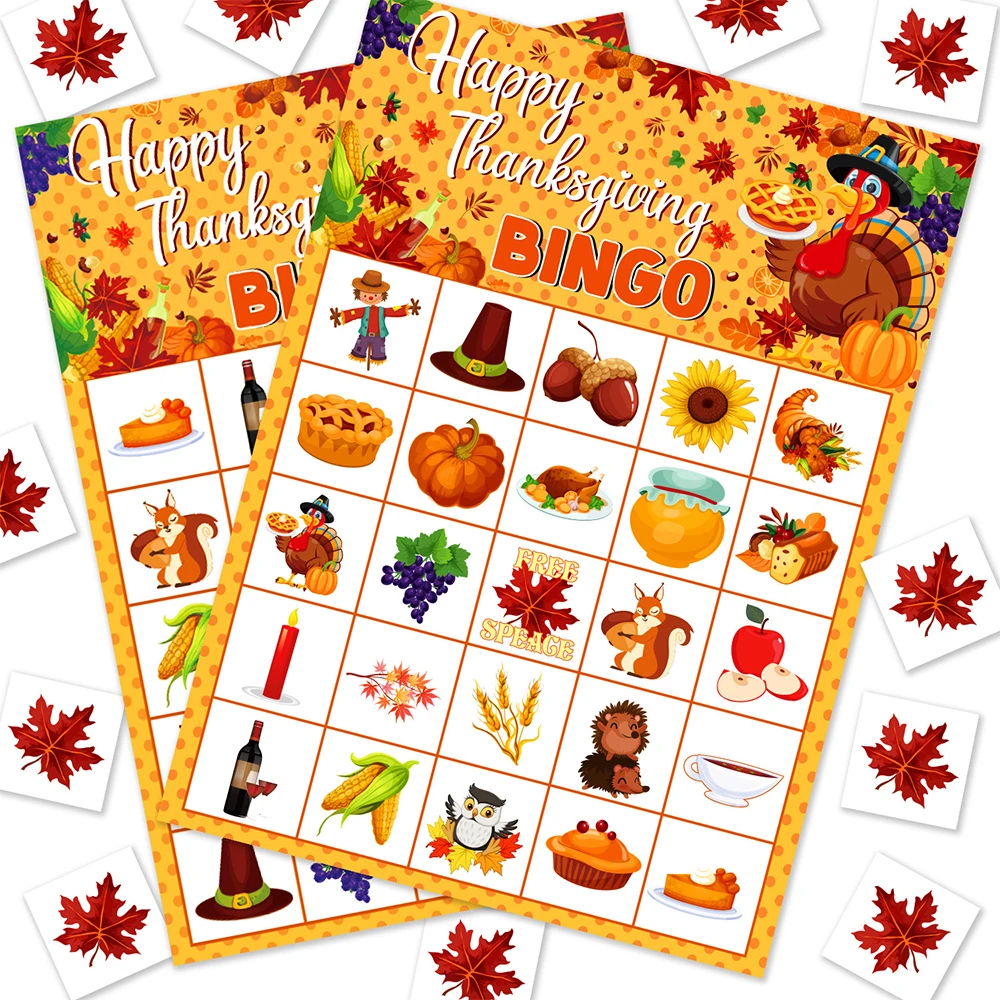 Fall Bingo Game for Kids - Thanksgiving Party Activities for 24 Players, Family and Classrooms