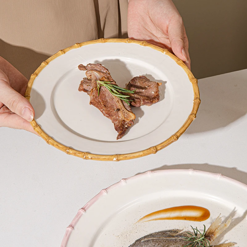 wedding event rental  dinnerware  round brown green pink ceramic porcelain dinner plate with bamboo rim