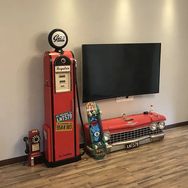 1.4M Vintage Iron Wall decoration Red Car Front 3D Metal Storage Box Decoration With Lights Locker Home Bar Cafe Shop Decoration