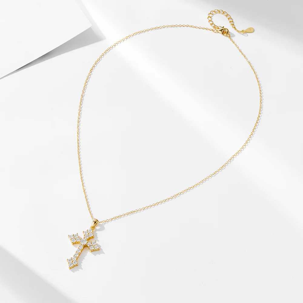 Personalized Hip-Hop Unisex Cross Necklace 925 Sterling Silver Gold-Plated Full Diamond 5A Cubic Zirconia Sweater Clavicle Chain