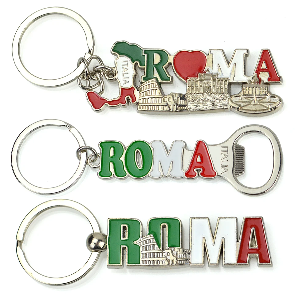Souvenir Rome Country Key Rings Custom Logo 2D 3D Letter Hard Soft Enamel Metal Keychain With Bottle Opener Promotional Keychain