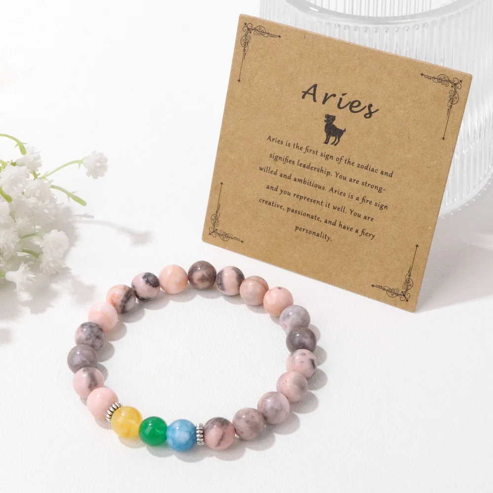 In Stock Wholesale Couple 12 Zodiac Sign Bracelet Astrology Jewelry Pink Zebra Natural Stone Bracelets