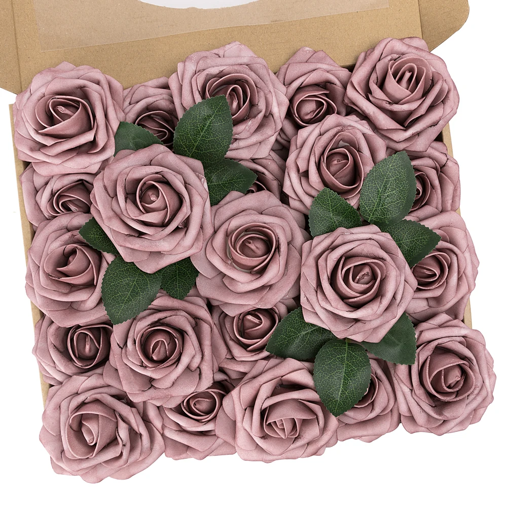 MACTING 30pcs Solid Pink Color Imitation Real Flower Artificial Foam Rose for Decorative Flower Baskets and Vases