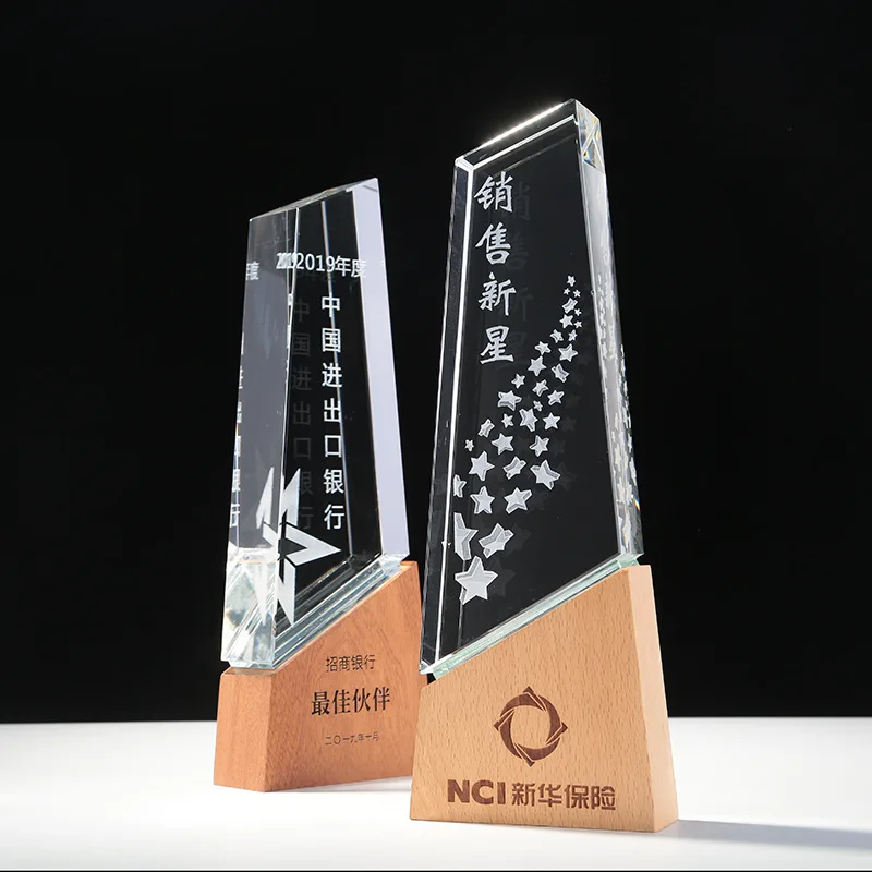 Wooden Deep Carved Trophy Award Custom Logo Design Crystal Trophy Wood Oneway Engraving Solid Transparent Crystal trophies