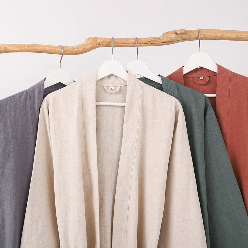 Custom logo Kimono Robe Cotton Linen Spa Sauna Bathrobe Sleepwear Loungewear Dressing Gown