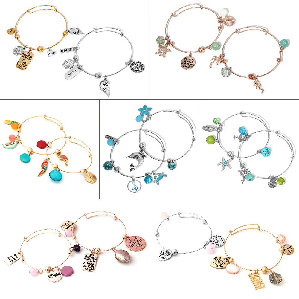 Women Inspiration Jewelry Charm bracelet Silver Gold Plated Heart Alloy Bracelet Expandable Wire Bangle Bracelet