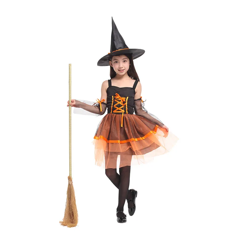 Kids Halloween Witch Vampire Magician Costume Carnival Cosplay Dress with Hat Girls Lovely Organza Witch Dress