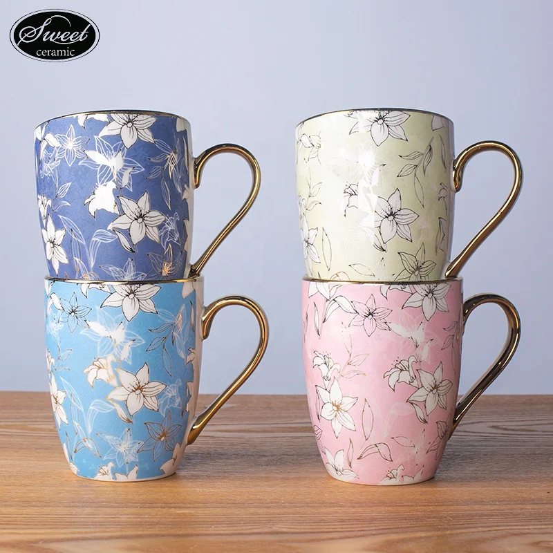 Set of 4pcs 14oz  ceramic mug  custom flower logo drinking cup cartoon student drinking cup office Cup with golden handle