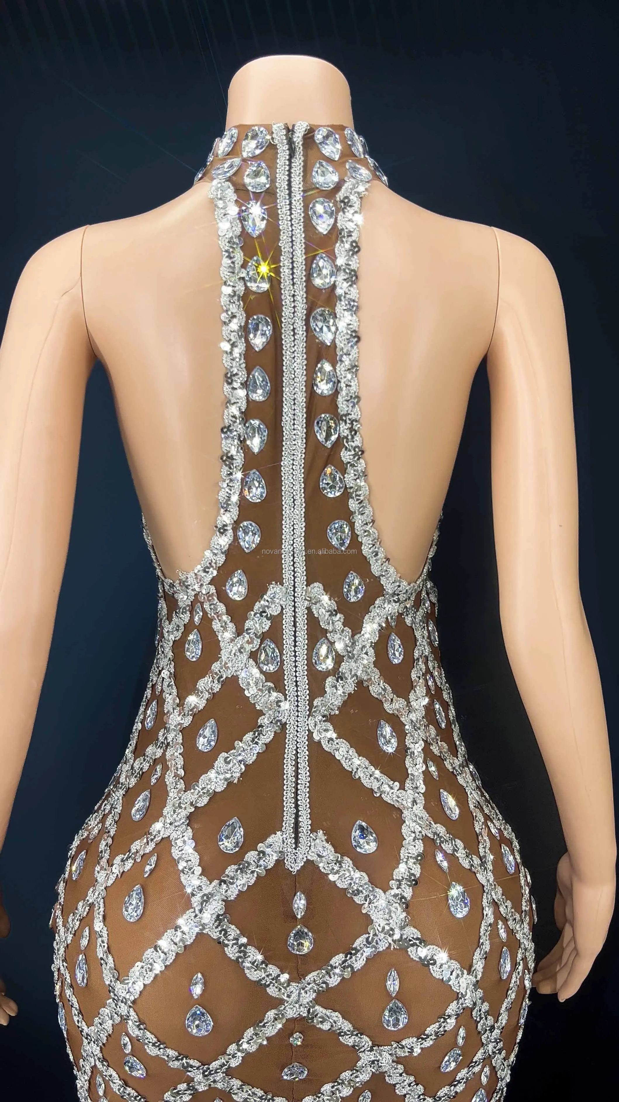 Alibaba-Online-Shopping Shinny Diamond Brown Mesh Latest Birthday Dresses For Women Vestidos De Dama De Honra