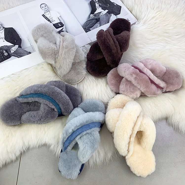 Custom Fashion Genuine Australian Cross Band Shearling Fur Fluffy Fuzzy Fur Slides Sheepskin Slippers for Women