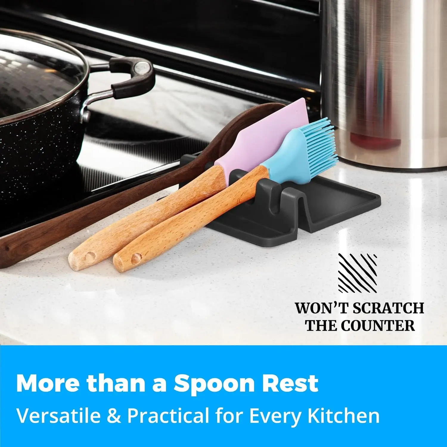 Modern Style Heat-Resistant Silicone Spoon Holder with Drip Pad for Kitchen Counter Utensil Rest and Pot Clips