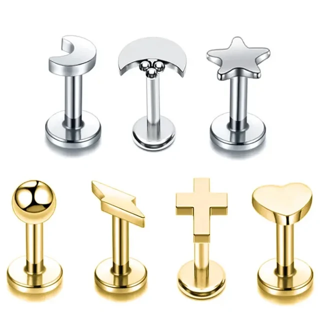 Wholesale Fashion Stainless Steel Threaded Ear Spiral Studs 16G Star Moon Lightning Cartilage Earrings Body Jewelry Piercing