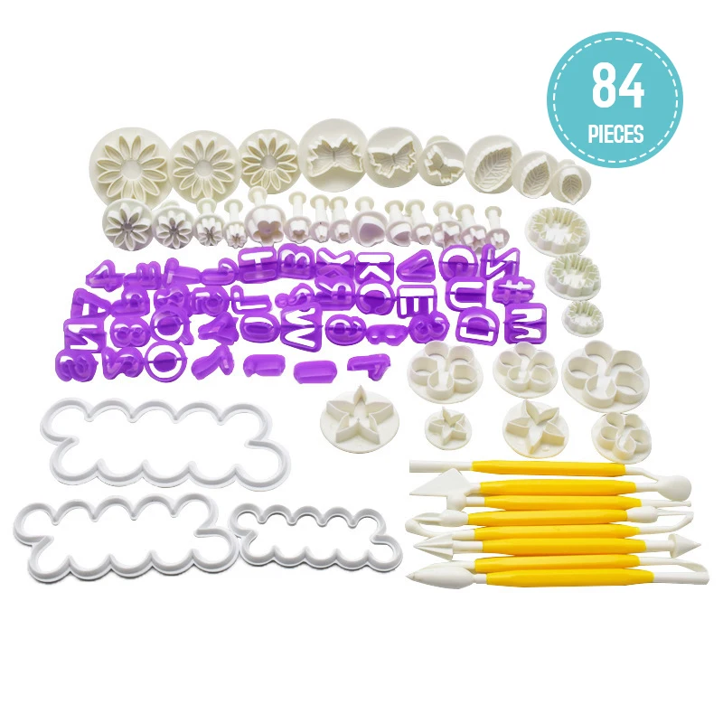 84Pcs Fondant Cutters Icing Plunger Cake Cookie Cutter Rose Sunflower Leaf Butterfly Cake Decorating Tools Modelling Set//