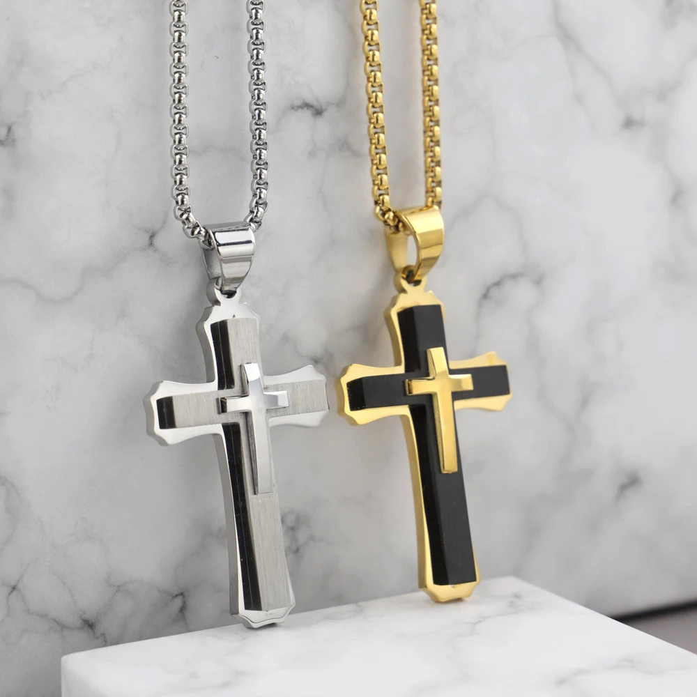 Popular Jesus Cross Pendant Necklace Personalized Christian Jewelry 18k Gold Plated Stainless Steel Necklace for Mens Graduation