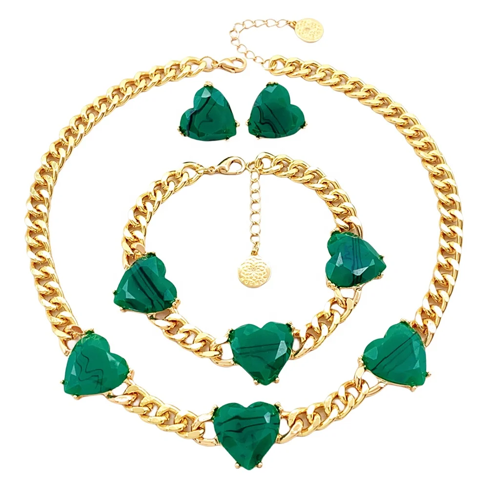Fashion jewelry set acrylic heart alloy necklace bracelet earrings gold plated jewelry set for women
