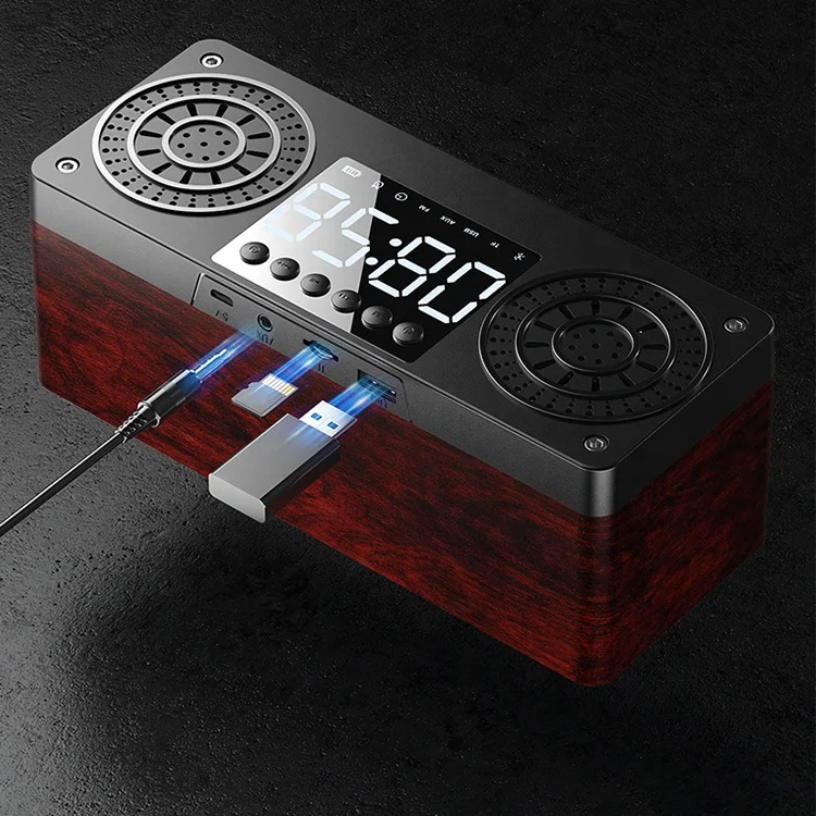 Wooden Portable BT 5.0 Speaker Alarm Clock LED Display Speakers FM radio Stereo Desktop Subwoofer Support TF AUX USB FM Radio
