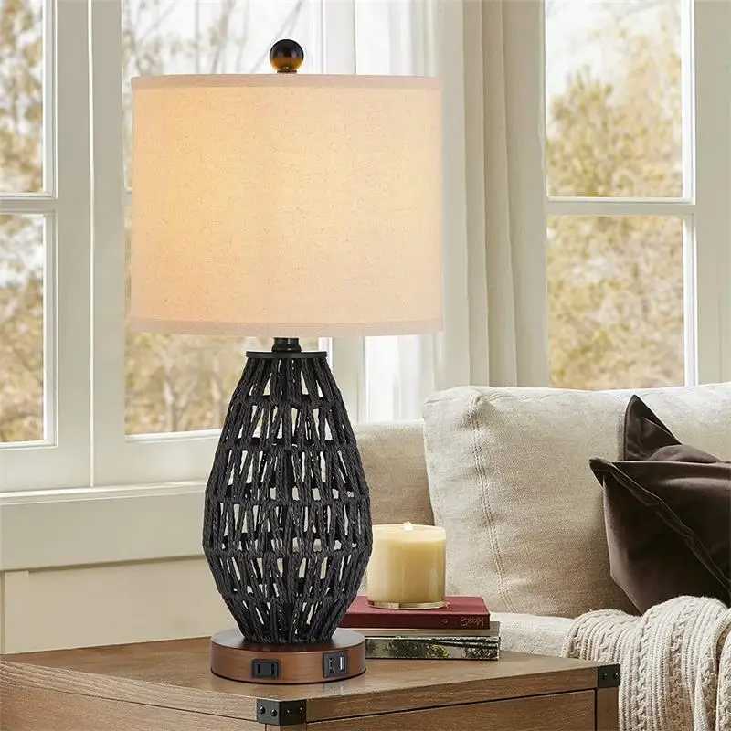 Rattan Table Lamps with 2 USB Ports Bedside Lamps 26 inch Tall Farmhouse Cream Fabric Shade Desk Lamp