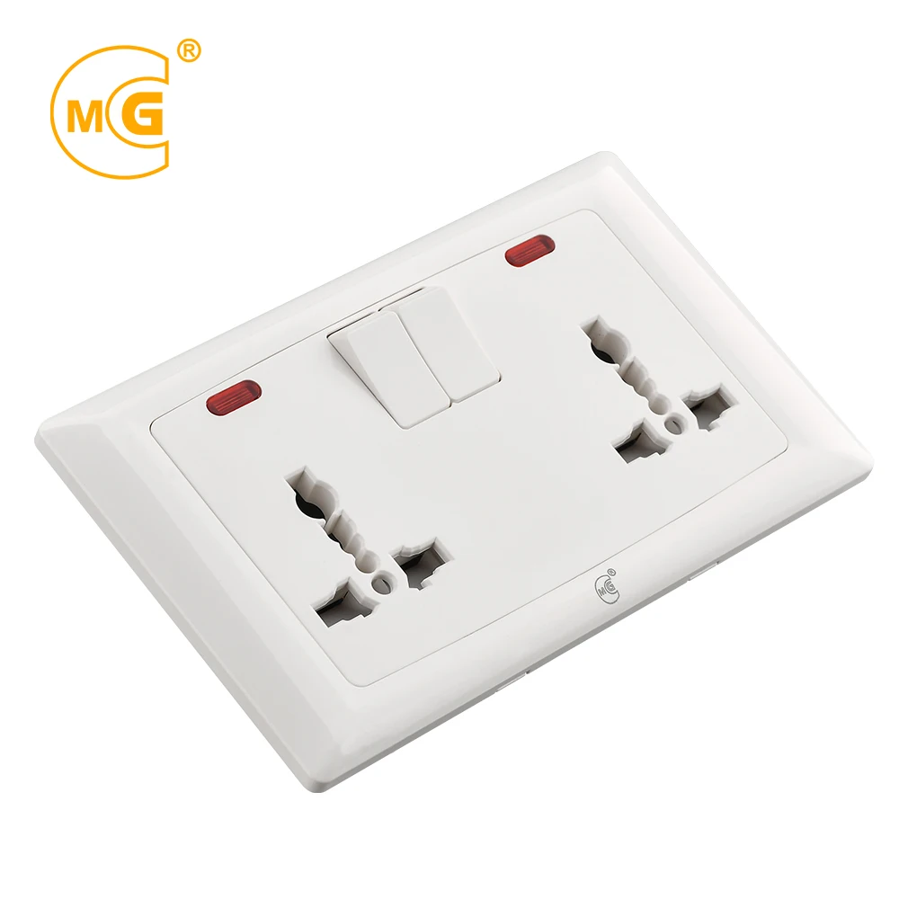 Good Quality UK 13A Multi Pin Electric Double Universal Wall Switched Socket With Neon