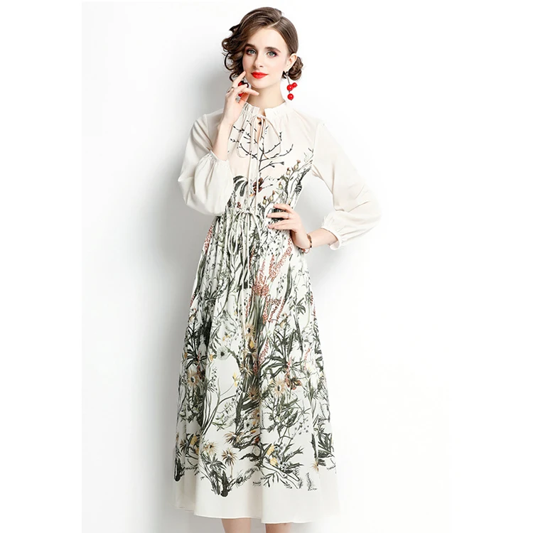 Elegant temperament pleated lace-up round neck printing long-sleeved lantern sleeves waist A-line long one-piece dress