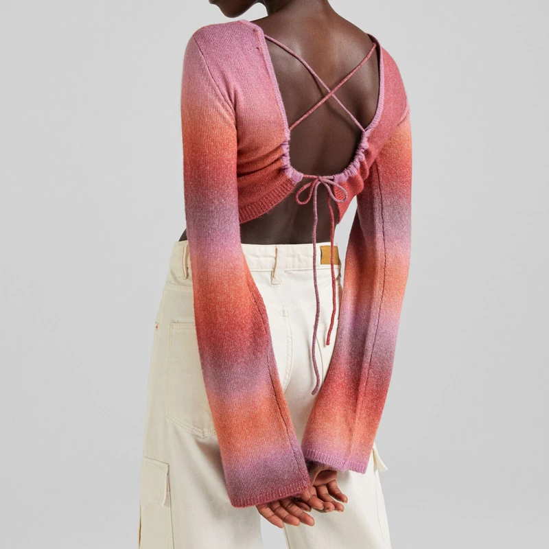 Ins Spring Fashion Sexy Cutout Space Dye Ladies Pullover Y2K Wholesale Cropped  Women Knit Crop Top Sweater