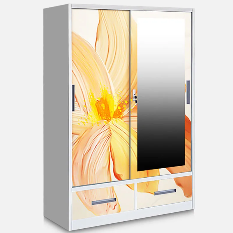 Bedroom White Closet Furniture Printing Sliding Door Metal Wardrobe Steel Clothes Storage Wardrobe Cabinet with 2 drawers