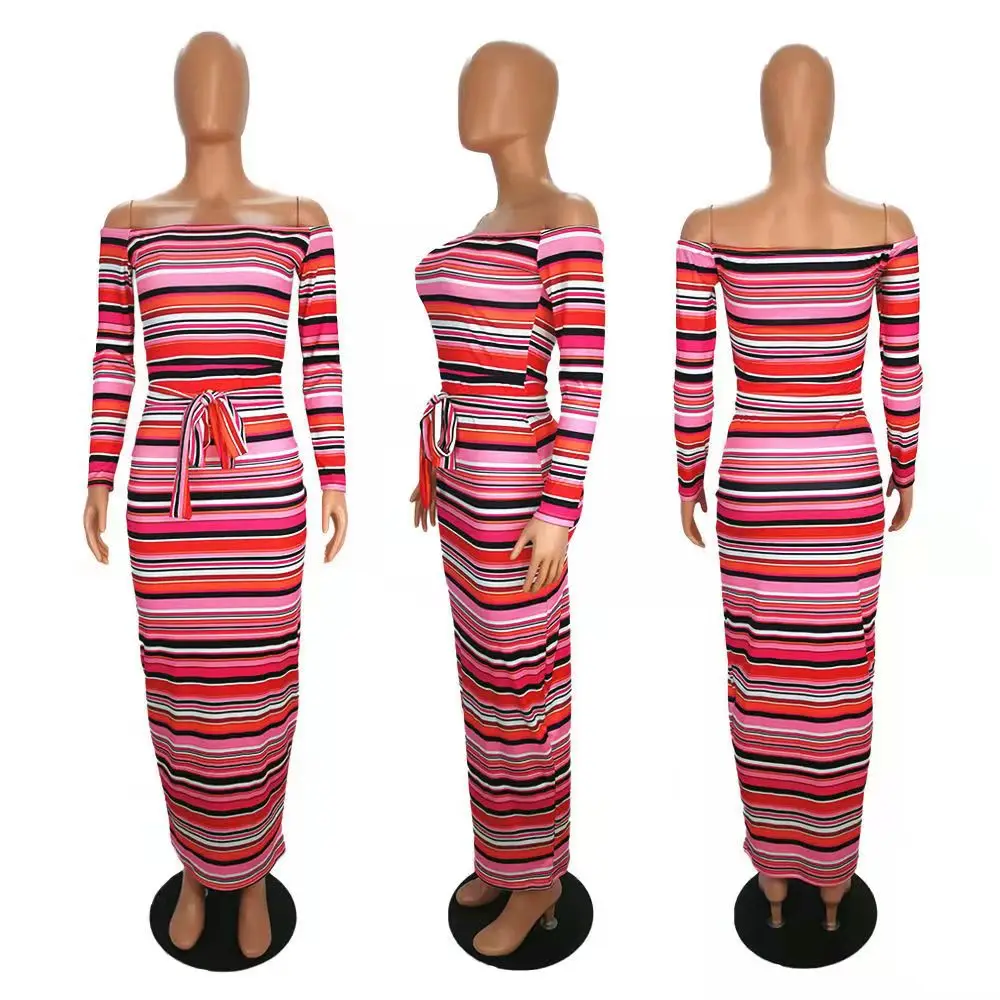 European and American fashion striped print long-sleeved tube top dress