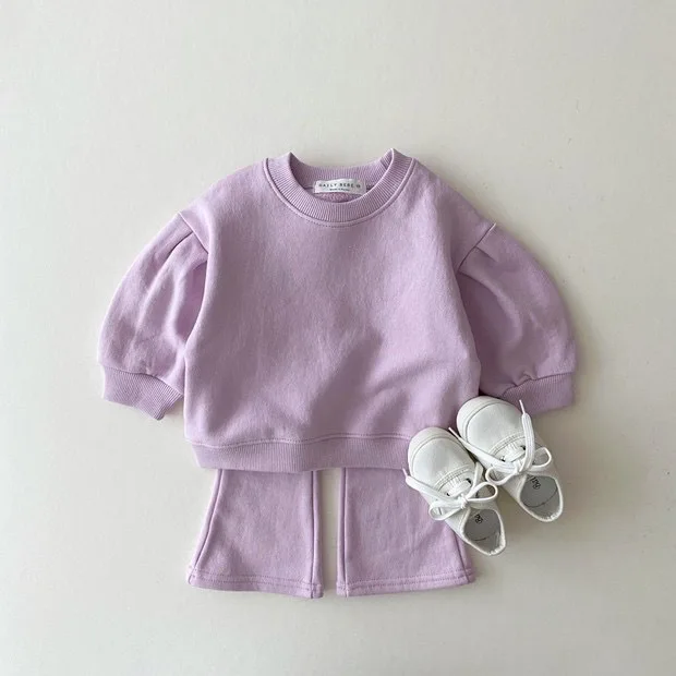 Korean Style Girls Clothes Set Fashion Solid Sweatshirt Top Flare Pants Suit Newborn Toddler Clothing Tracksuit Sets Streetwear