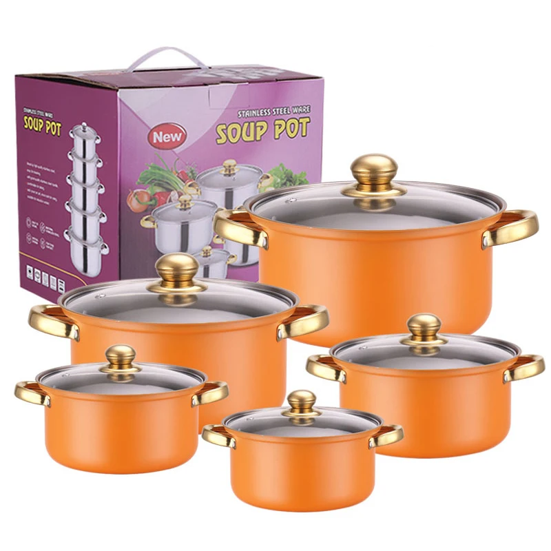 Meisite Factory Wholesale 10pcs Stainless Steel Gold Handle Soup Pots Cooking Pots and Pans Casserole Kitchen Cookware Sets