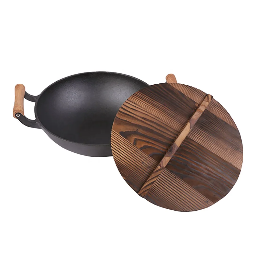 Hot Selling Cast Iron Cooking Cookware Wok Double Wooden Handle And Wooden Lid