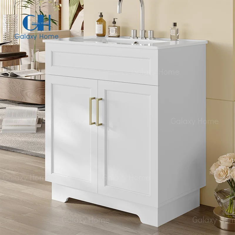 Тщеславие ванной комнаты с керамической раковиной 30 дюймов автономный шкаф для хранением быстрая сборка белый туалетный столик