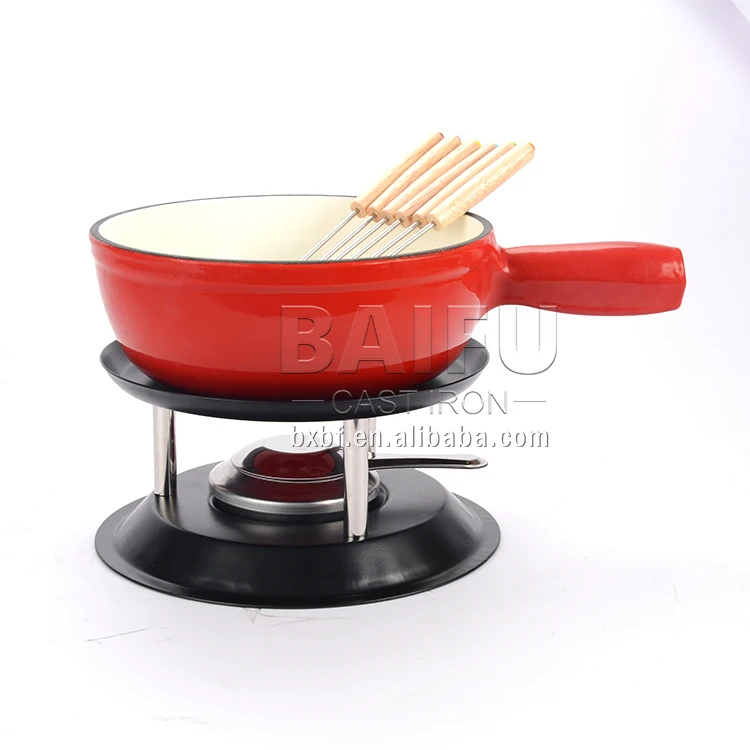 2-Quart Enamel Cast Iron Fondue Set Cheese Melting Pot Metal Stand with Stainless Steel Forks and Burner