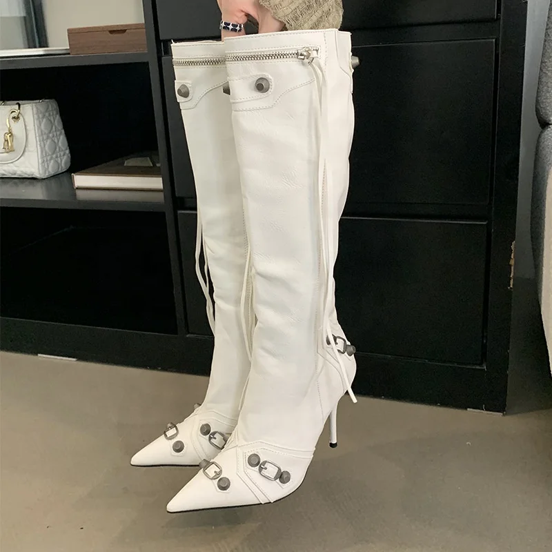 Dropshipping Custom Logo Punk Style StillettoThin High Heels Boots Fashion Women Metal Rivet Knee High Motorcycle Boots Big Size