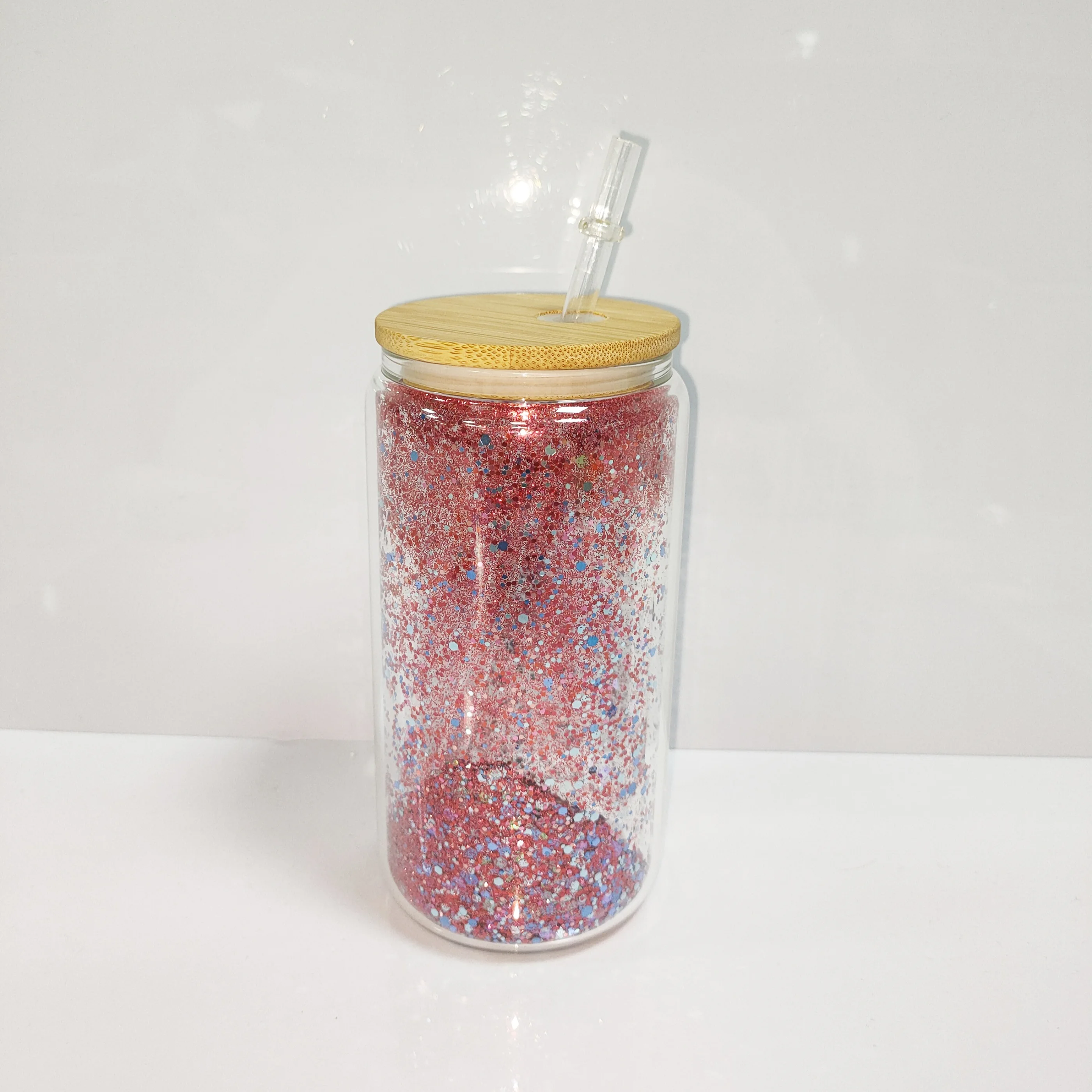 USA 12/16/20oz Double Walled Sublimation Tumblers Glass Can Shape Heat Press Clear Printed Snow Globe With Lid And Straw